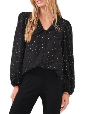 CHAUS Womens Polka Dot Balloon Sleeve Blouse Size L